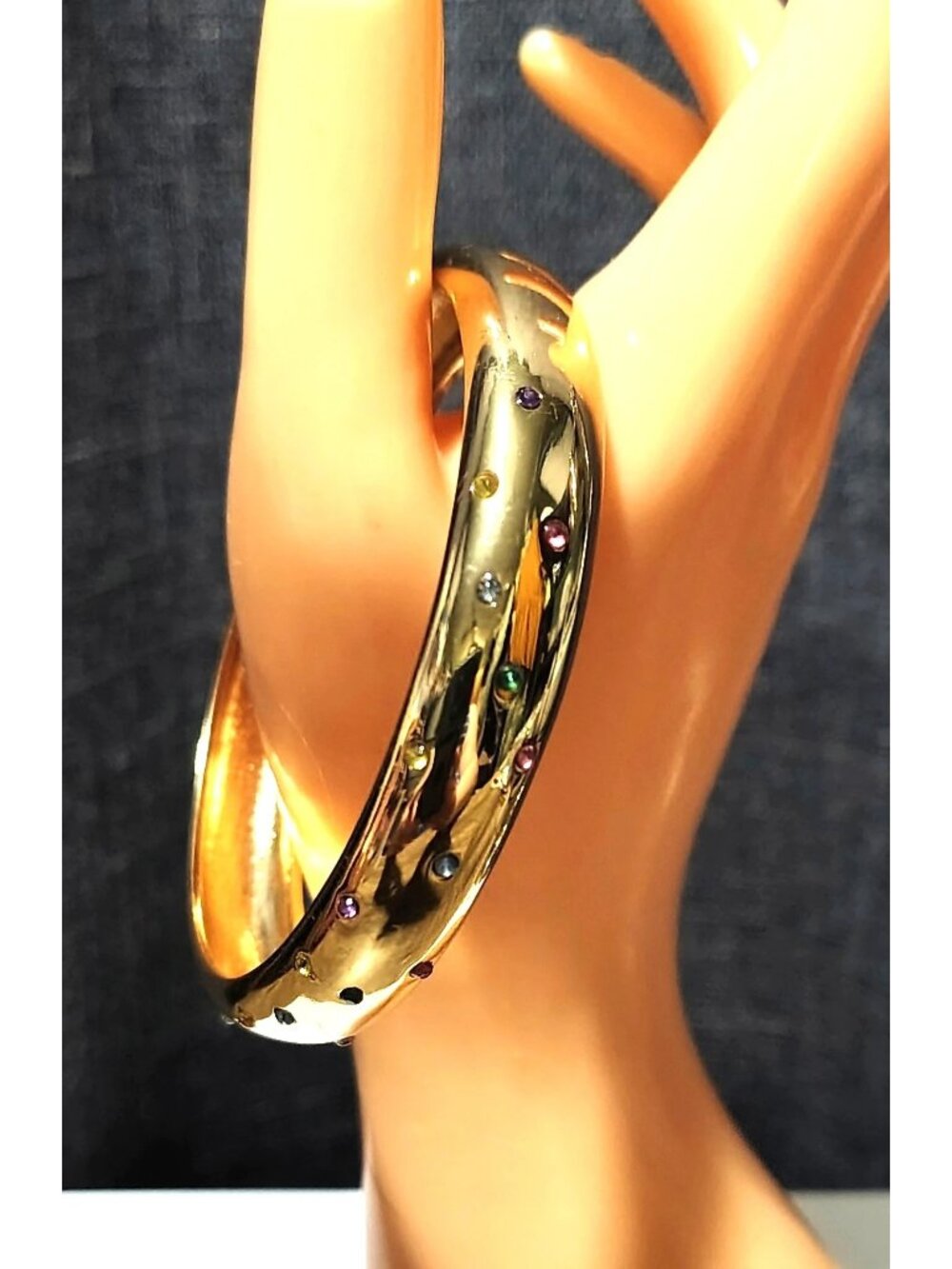 Gold Tone Metal Multicolor Starry Crystal Rhinestone Dome Bangle Bracelet Chunky